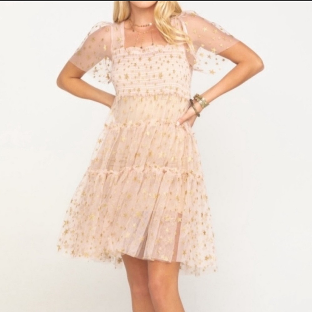 FREE PEOPLE Starbright Smocked Tulle Tunic Dress Size Small